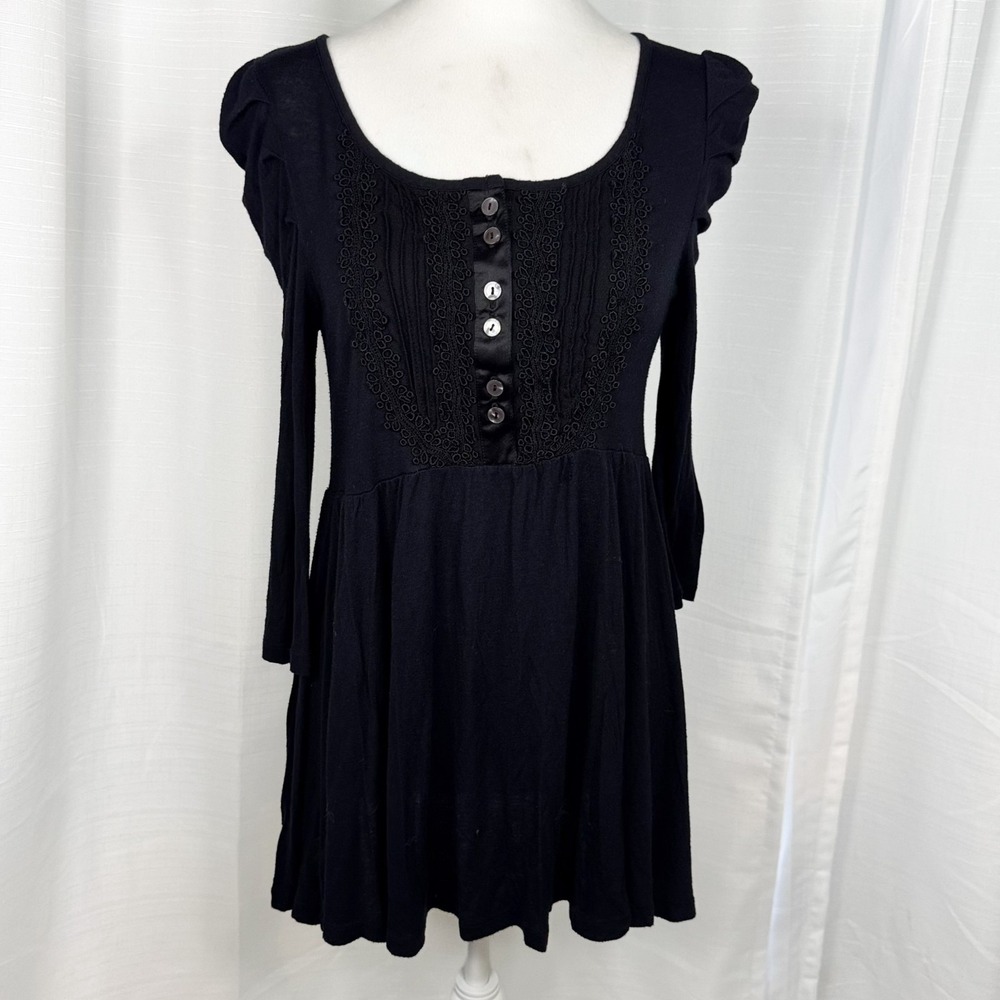 Free People Black Lace Babydoll Top S Whimsigoth Gothic Boho Ruched Sleeve